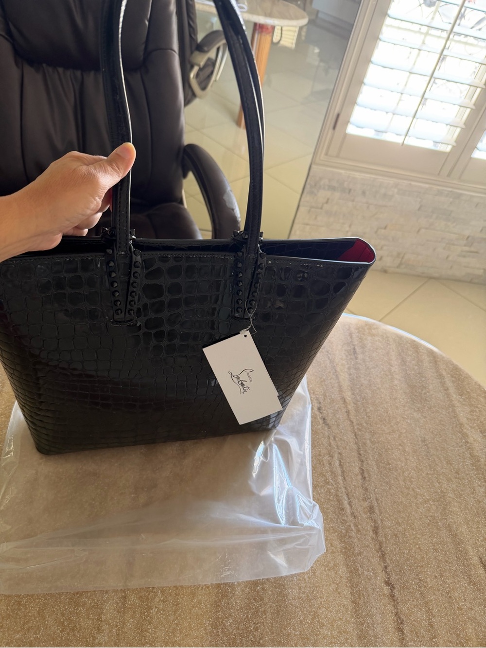 Black Croc-Embossed Leather Tote with Red Interior by
